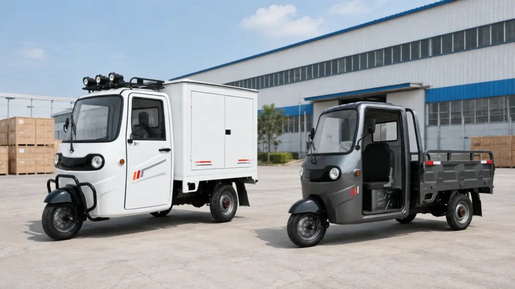 Electric Cargo Tricycles PK-1 enclosed and PK-2 open-bed electric cargo tricycles for configurable fleet applications