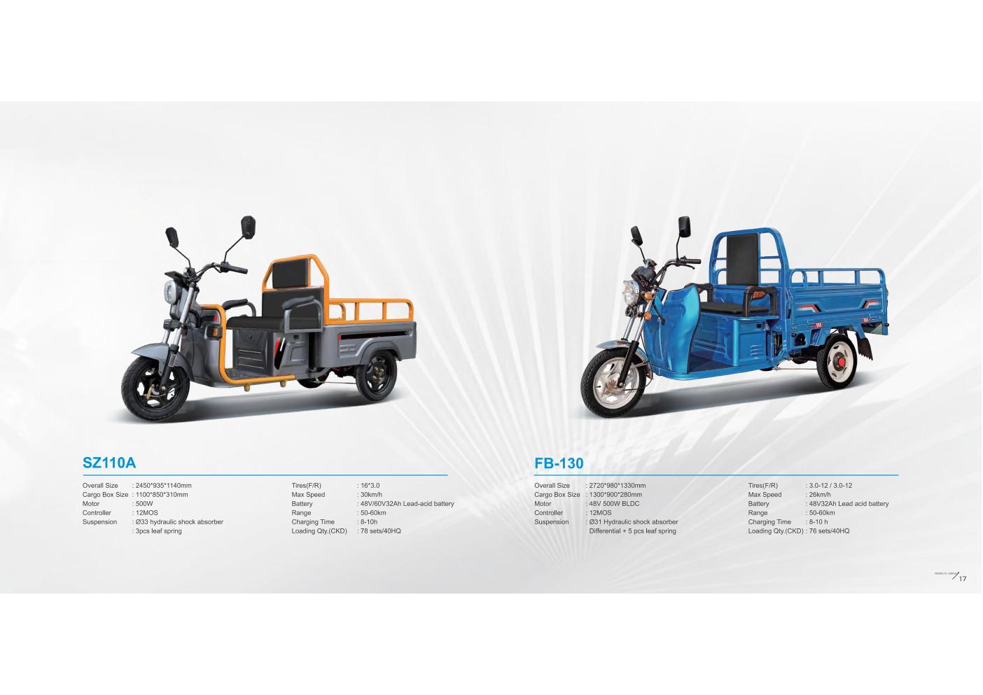 Electric Cargo Tricycles SZ110A compact utility and FB-130 compact electric cargo tricycles